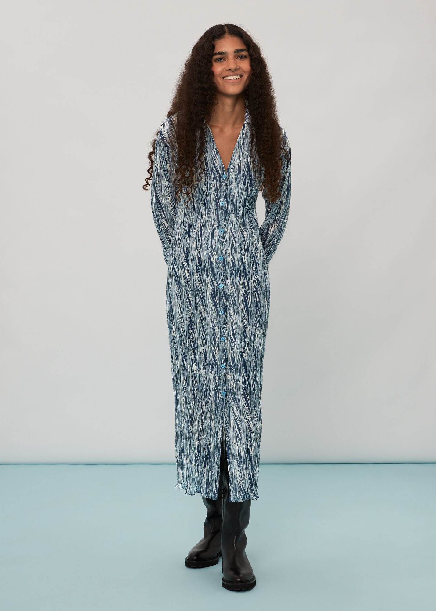 Navy/Multi Marble Stripe Plisse Dress 