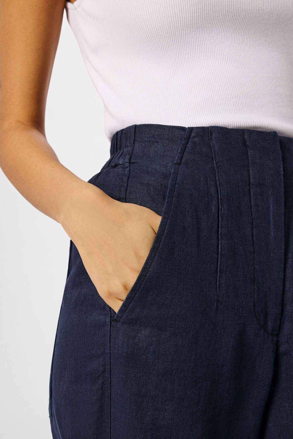 Navy Linen Barrel Leg Trouser