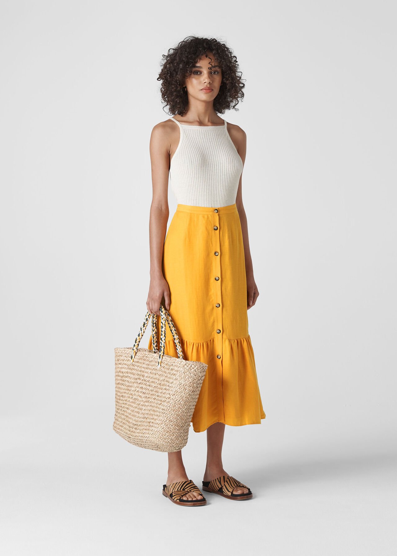 Linen Button Through Skirt Yellow