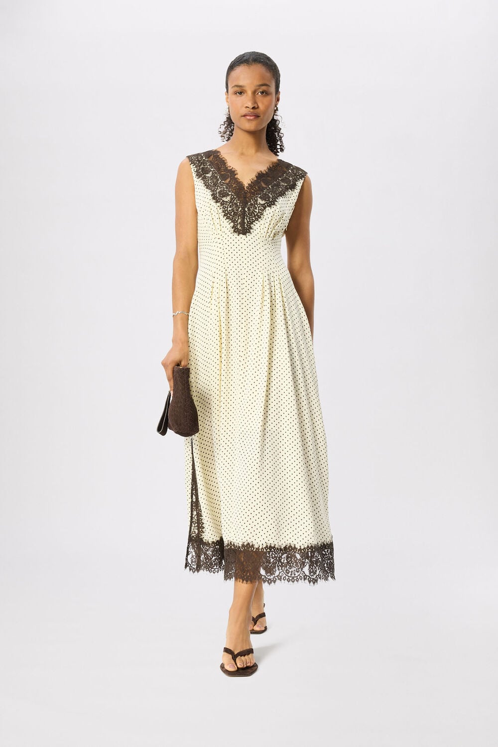 Yellow Petite Lace V Neck Spot Midi Dress