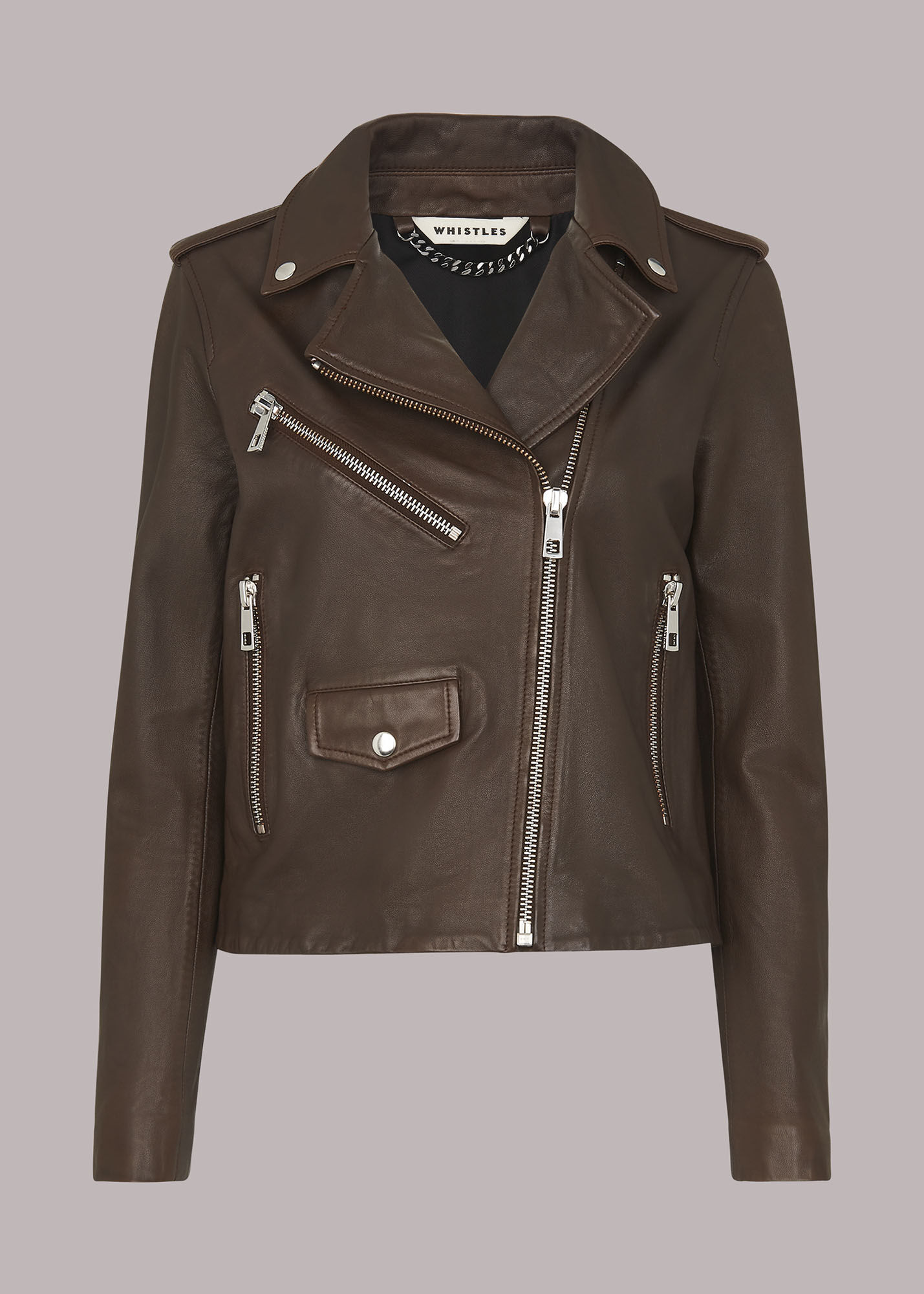 Chocolate Agnes Pocket Leather Jacket WHISTLES