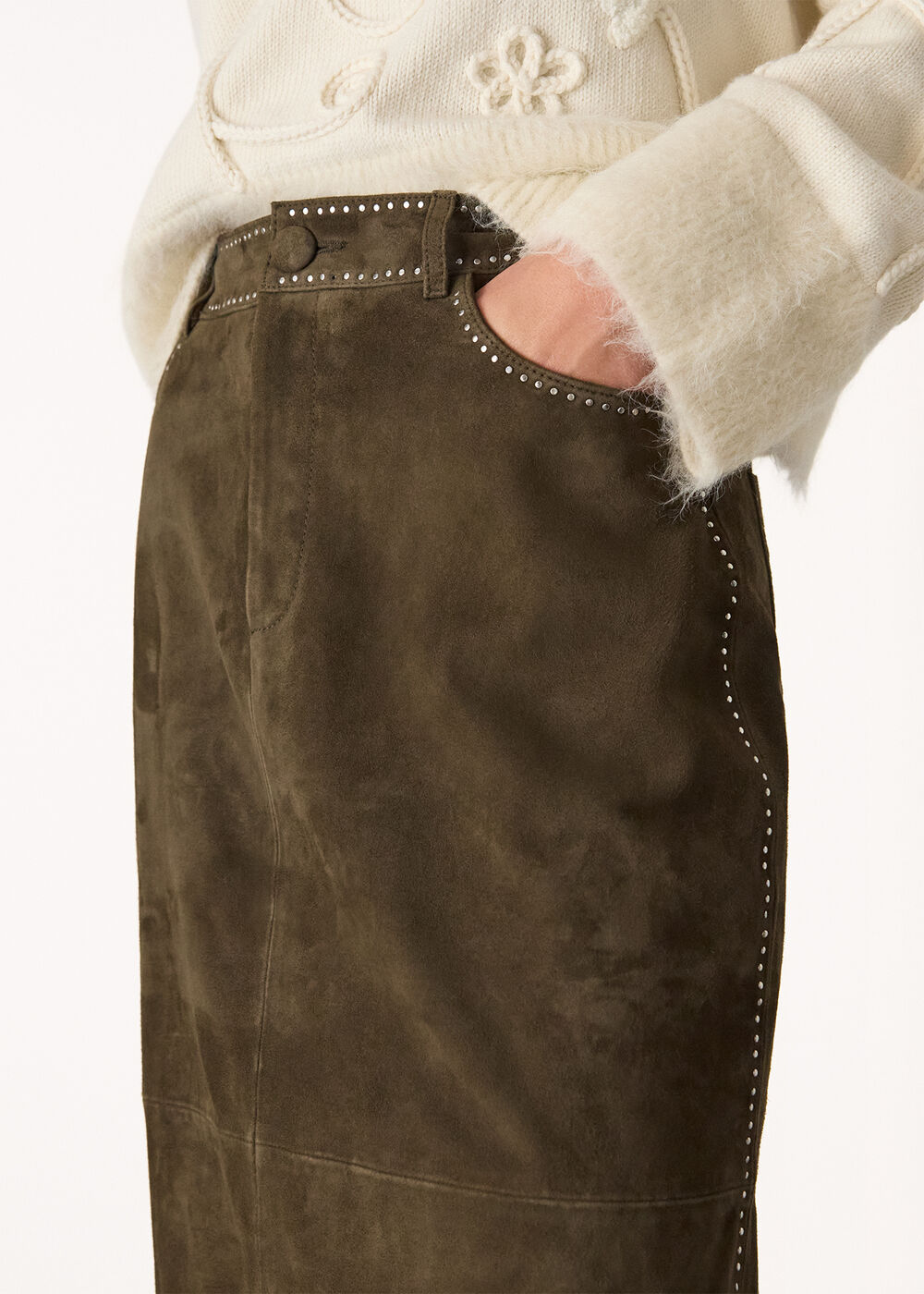Suede Studded Column Skirt