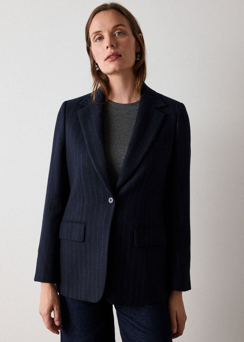 Pinstripe Wool Blend Blazer