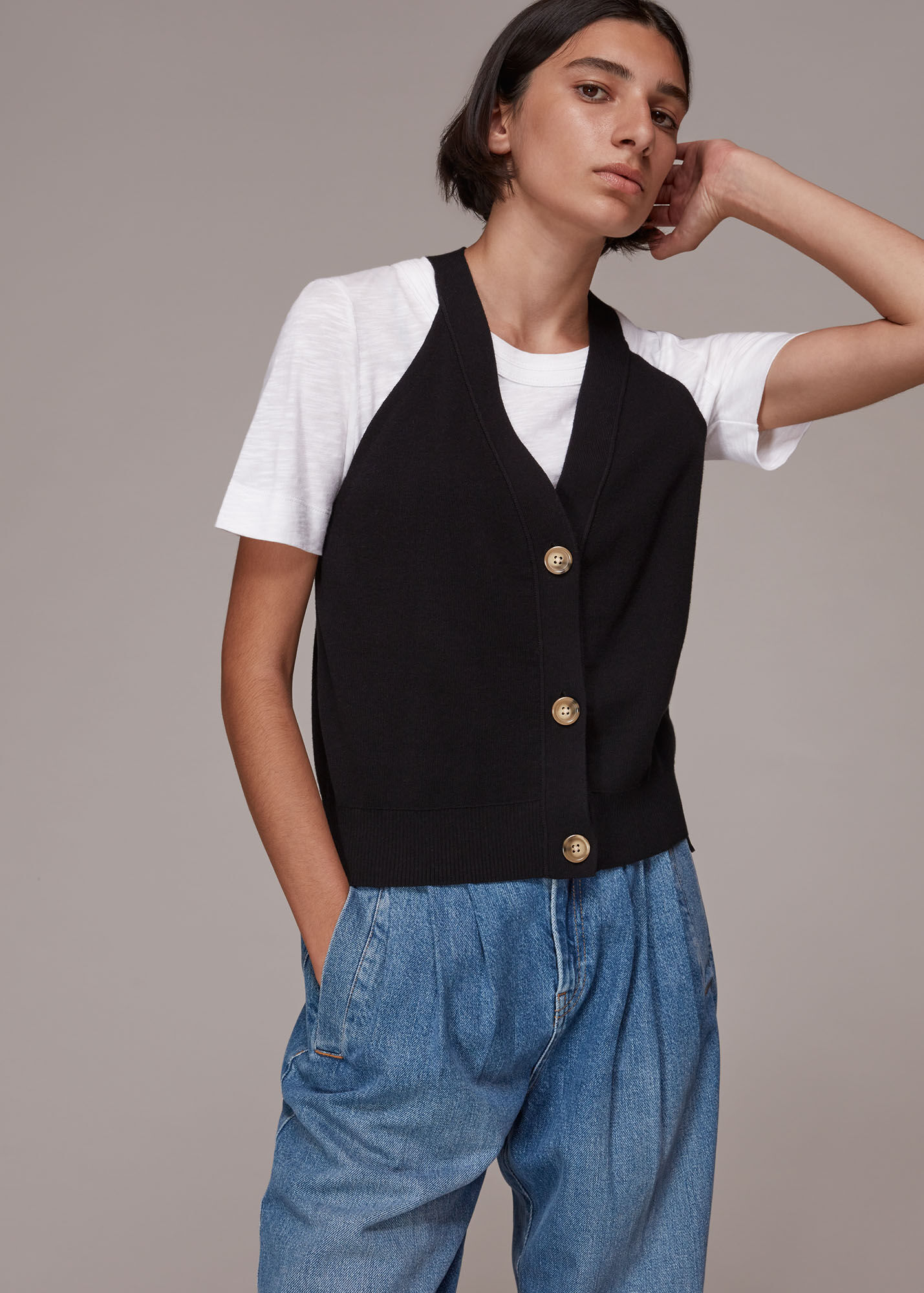 Black Knitted Button Through Vest WHISTLES