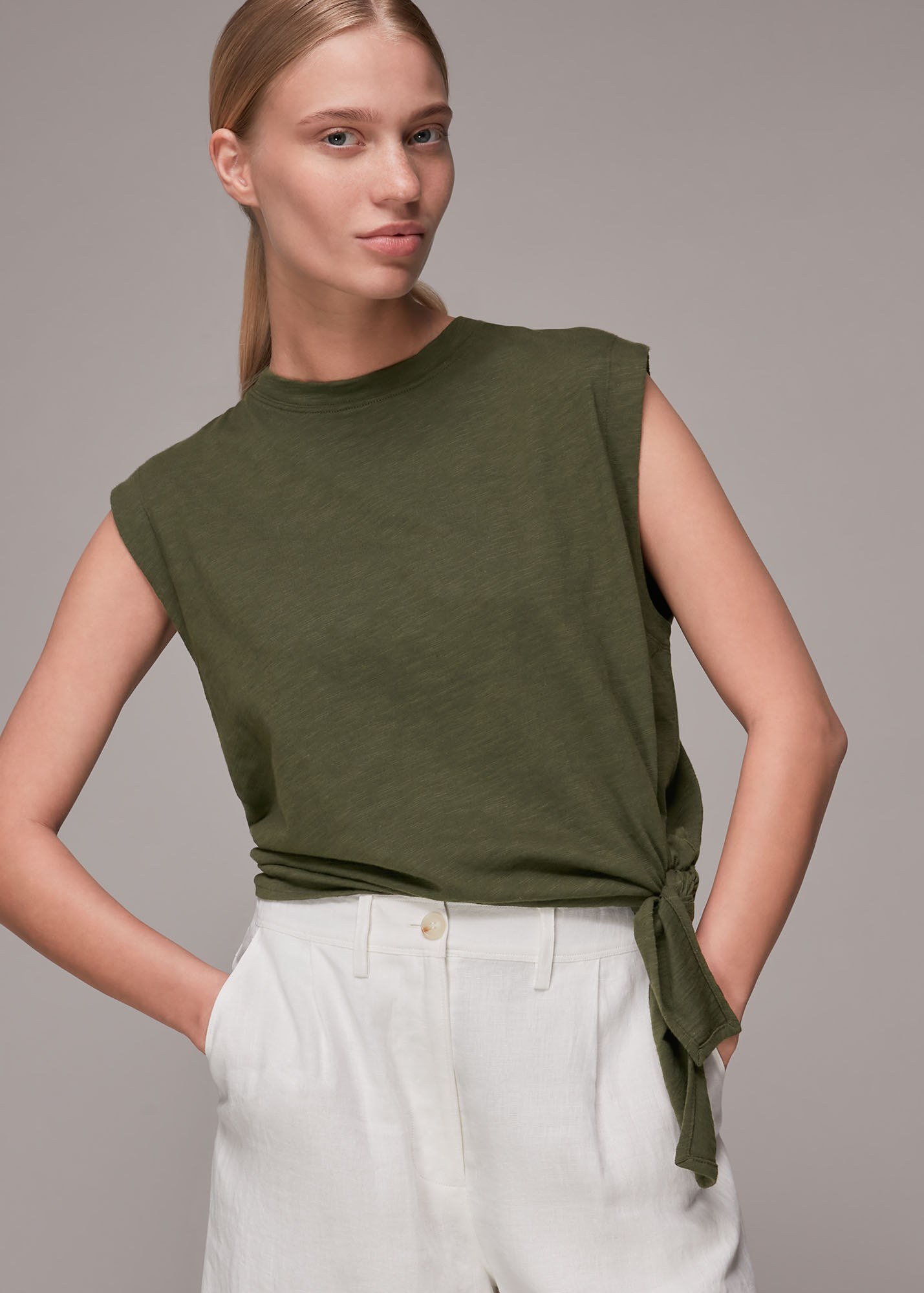 Khaki Sleeveless Tie Side Top WHISTLES