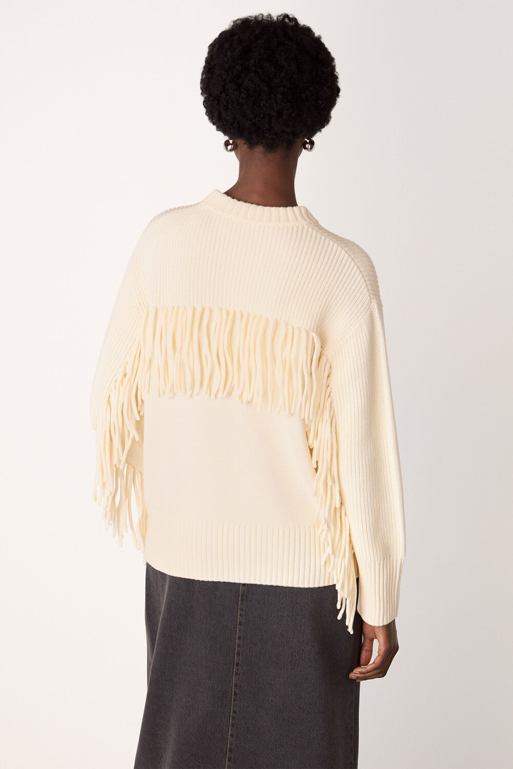 Ivory Fringe Rib Detail Cotton Knit