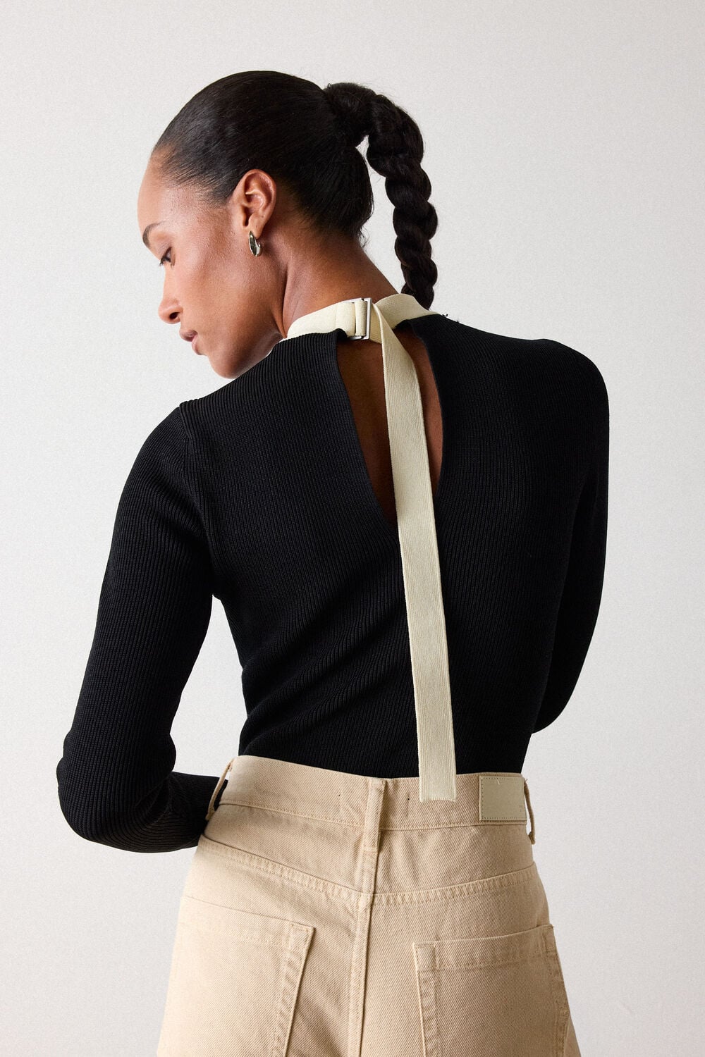 Black Tie Back Rib Knit Top