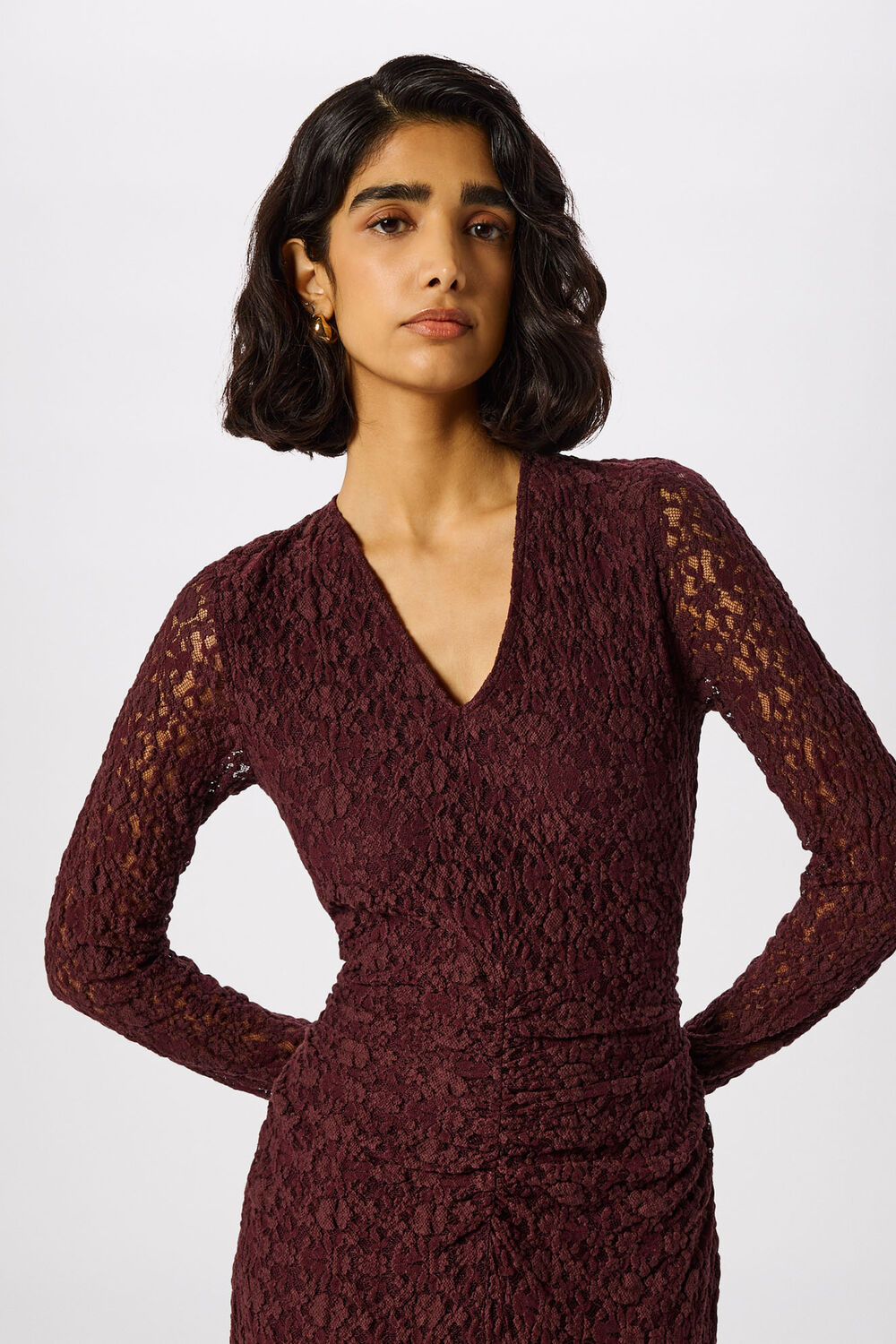 Burgundy Ruched Bodice Lace Dress
