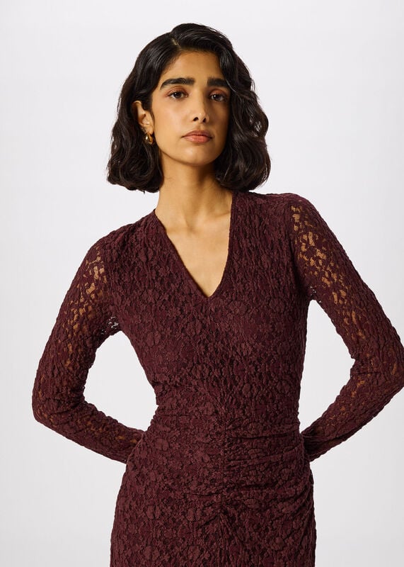Burgundy Ruched Bodice Lace Dress
