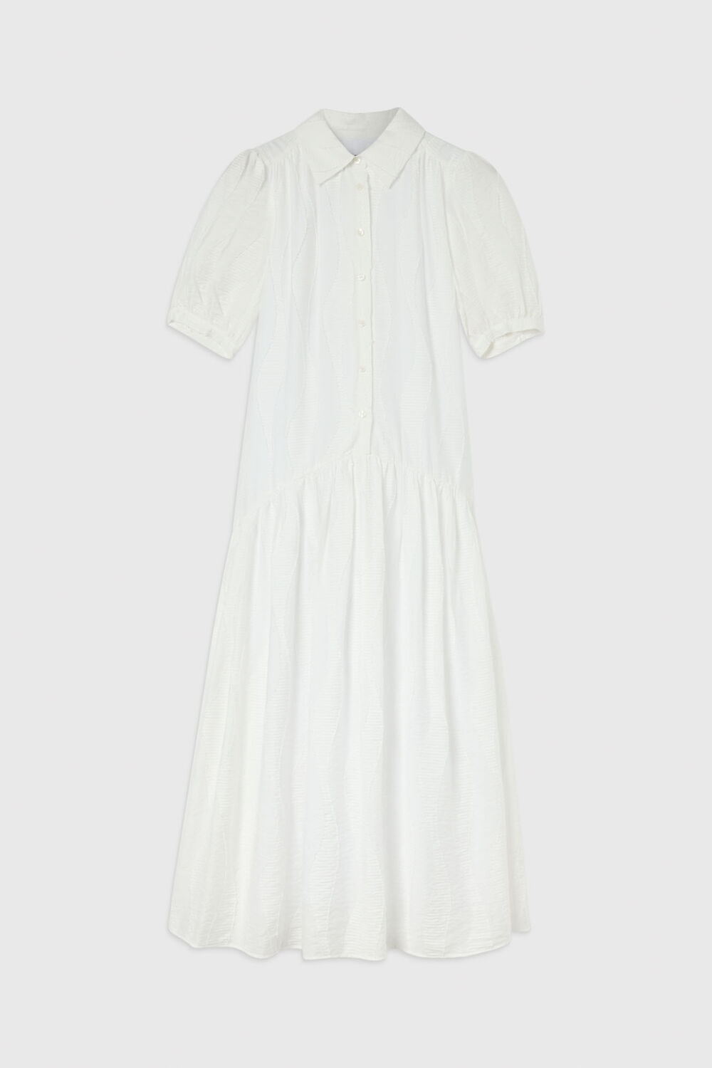 White Textured Drop Waist Midi Dress