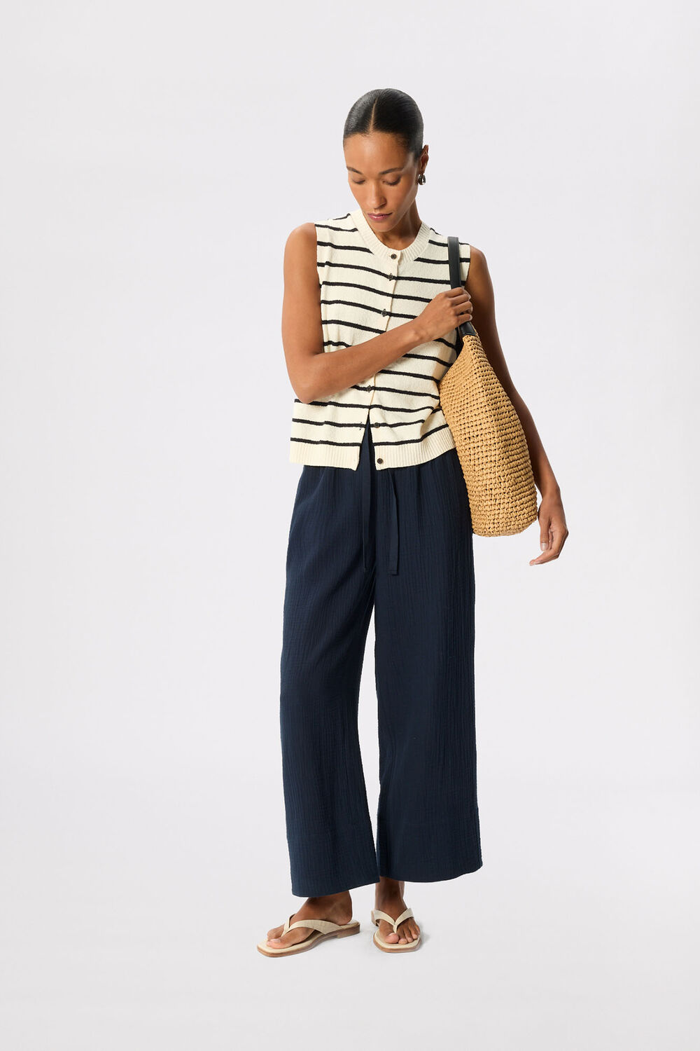 Navy Wide Crop Cheesecloth Trouser