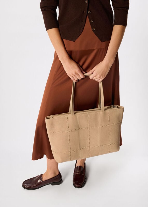 Neutral Suede Whipstitch Tote Bag