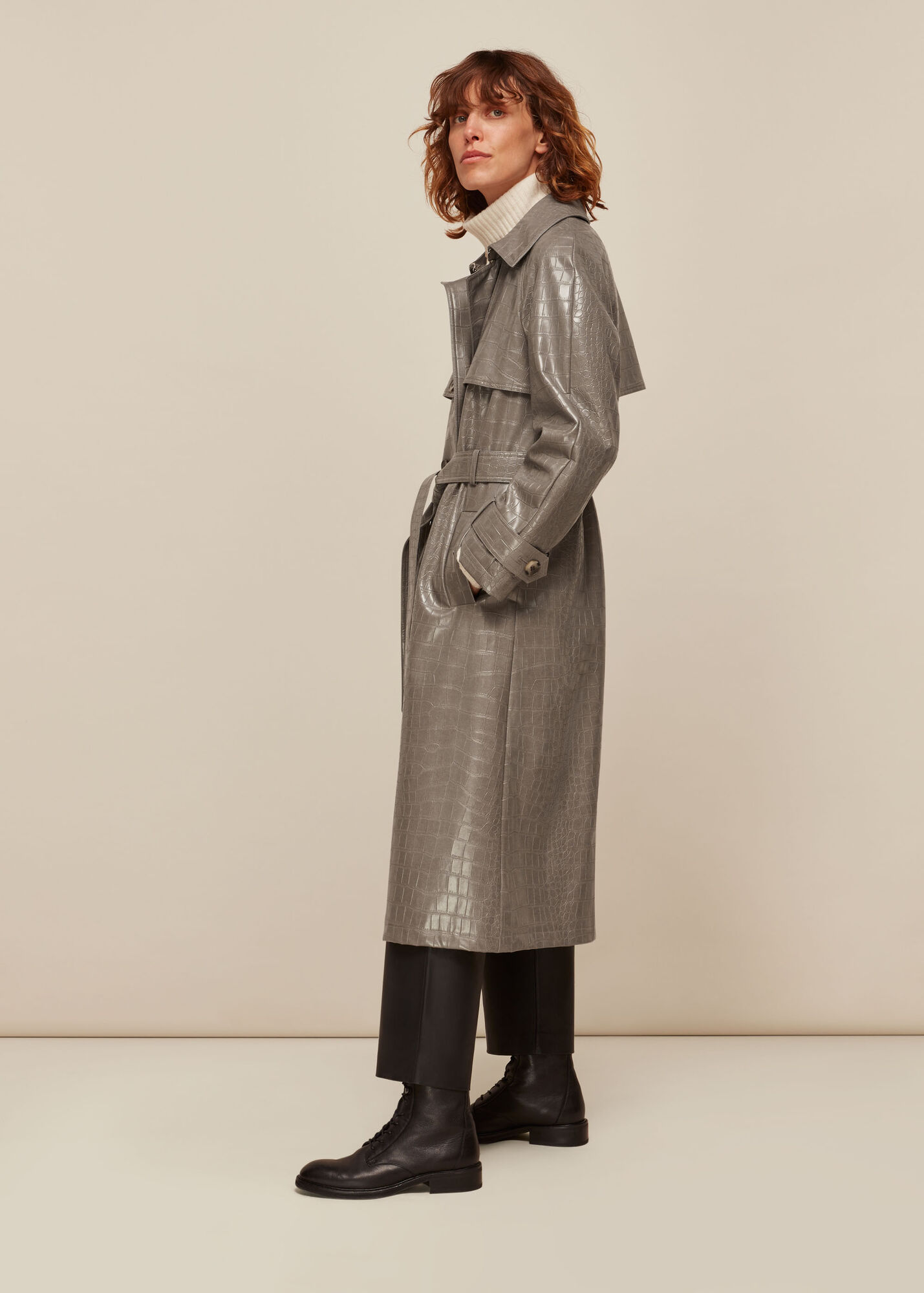Grey Croc Belted Trench Coat WHISTLES