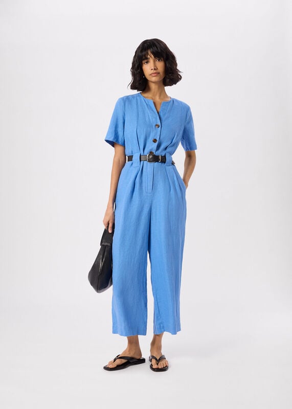 Blue Petite Fiona Linen Button Jumpsuit