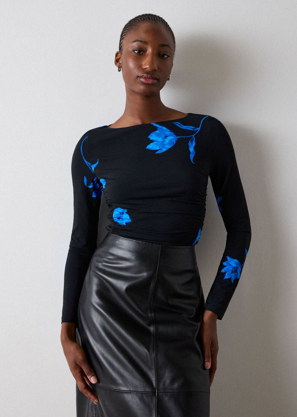 Black Floral Ruched Side Jersey Top