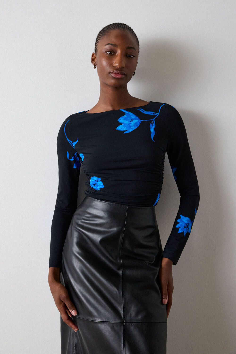 Black Floral Ruched Side Jersey Top