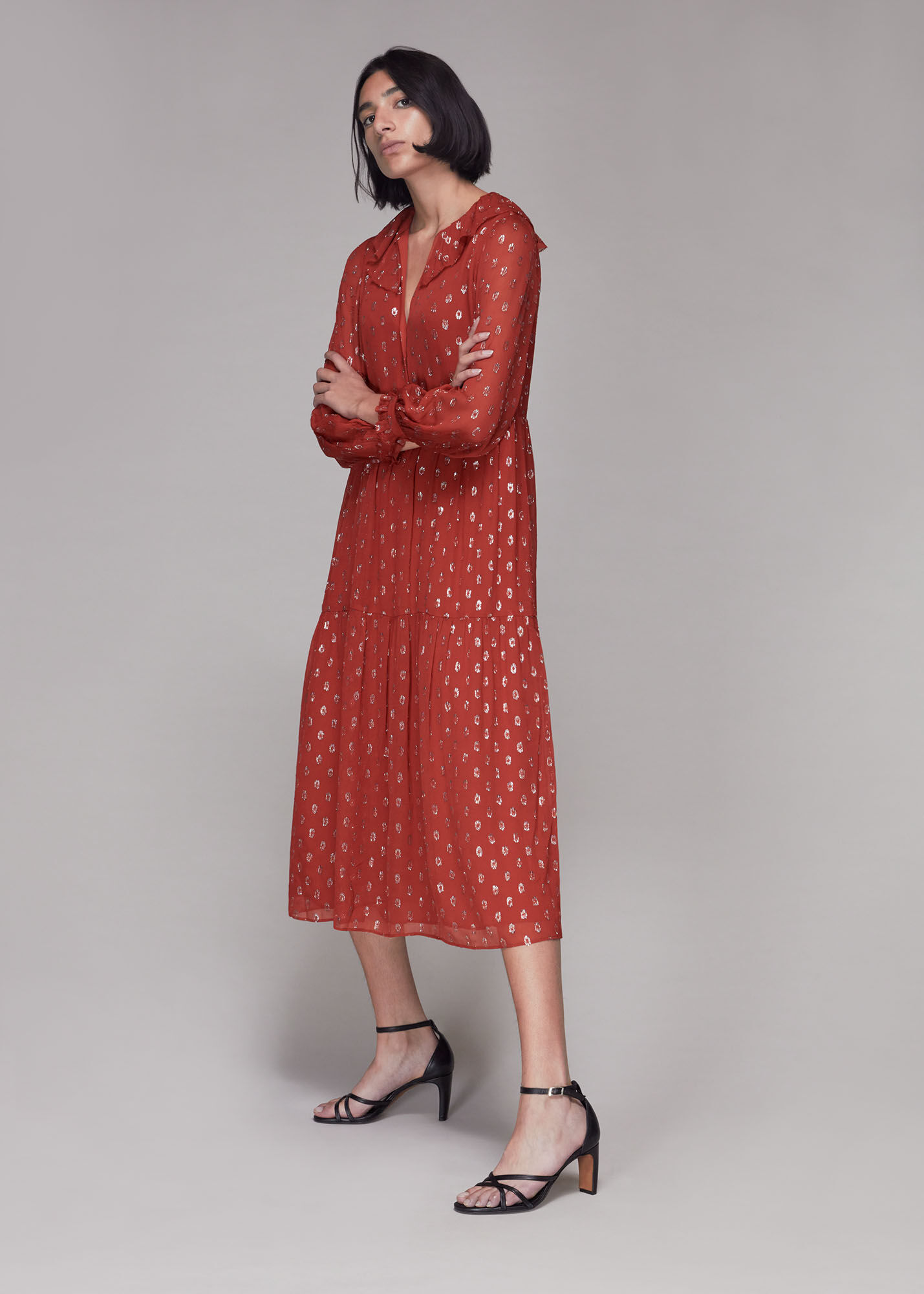 Rust Frill Detail Dobby Midi Dress WHISTLES