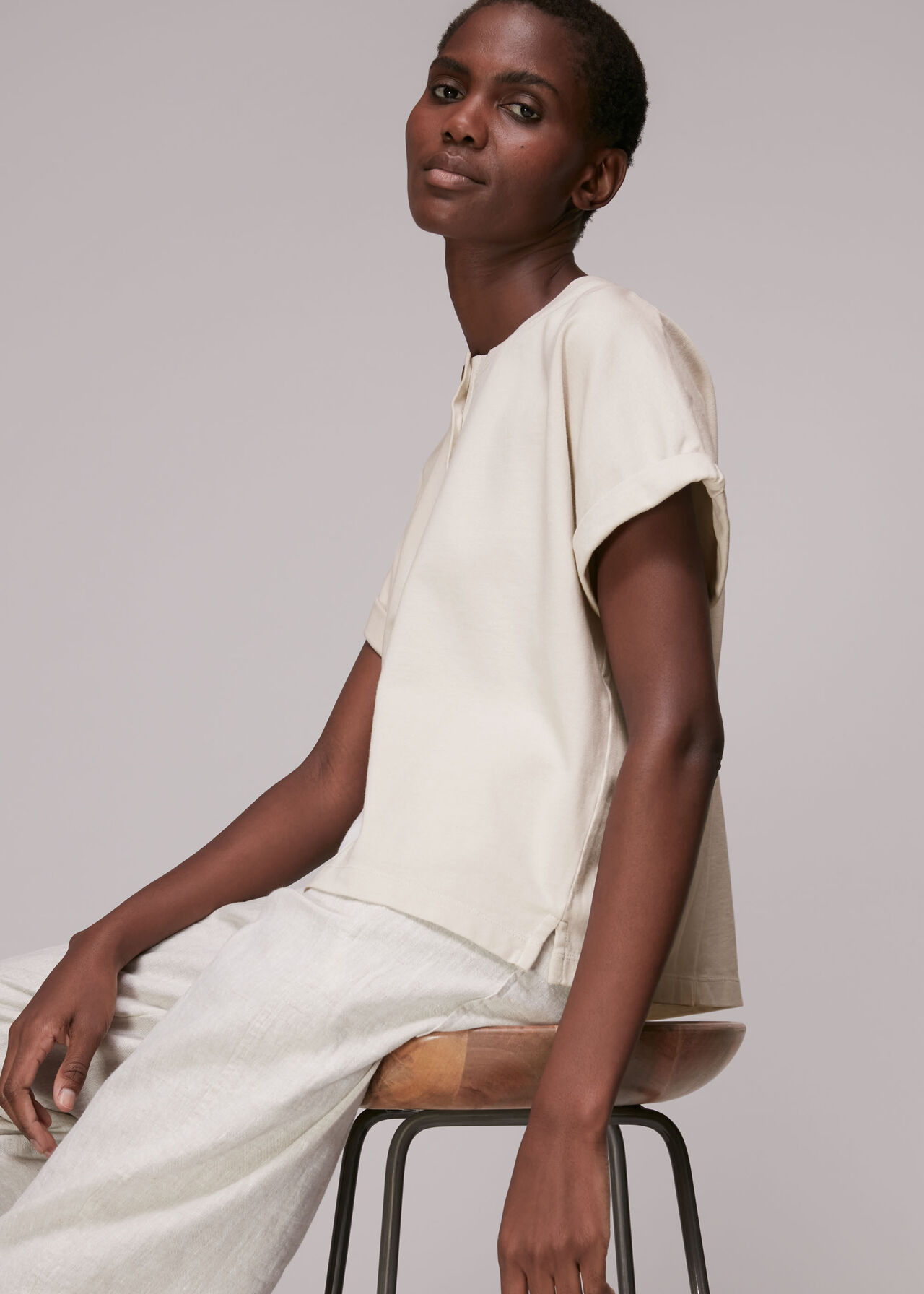 Beige Round Neck Henley Tee | WHISTLES | Whistles