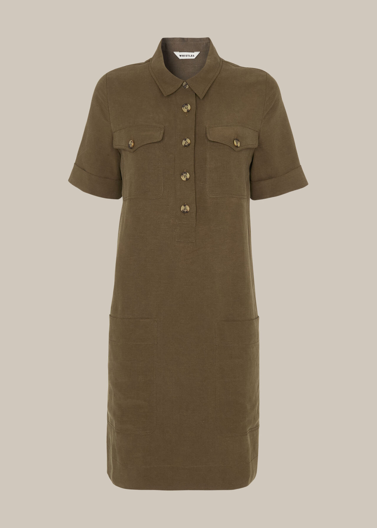 Pocket Detail Linen Mix Dress Khaki