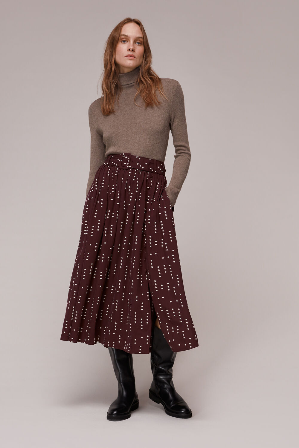 Dash Dot Belted Midi Skirt