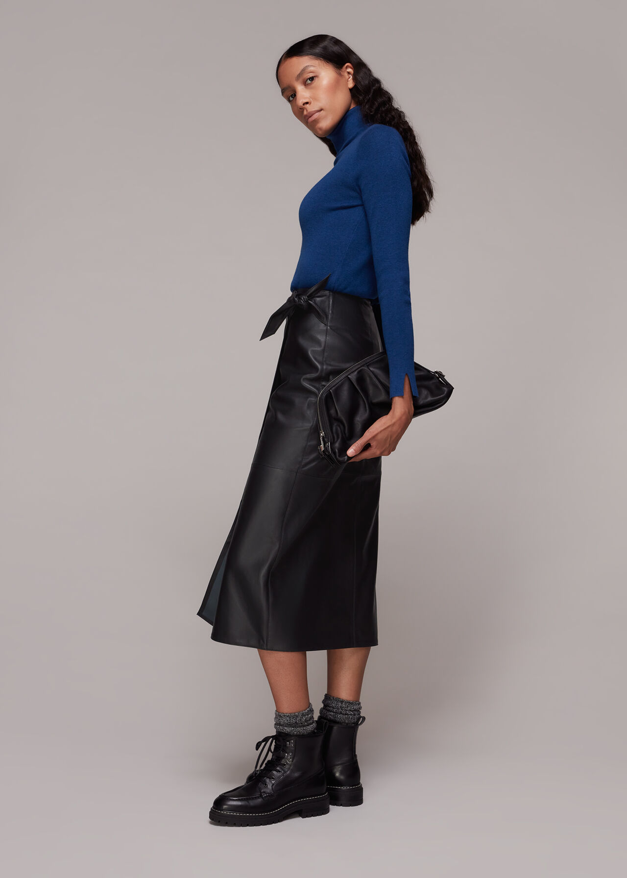 Black Tie Side Leather Skirt | WHISTLES