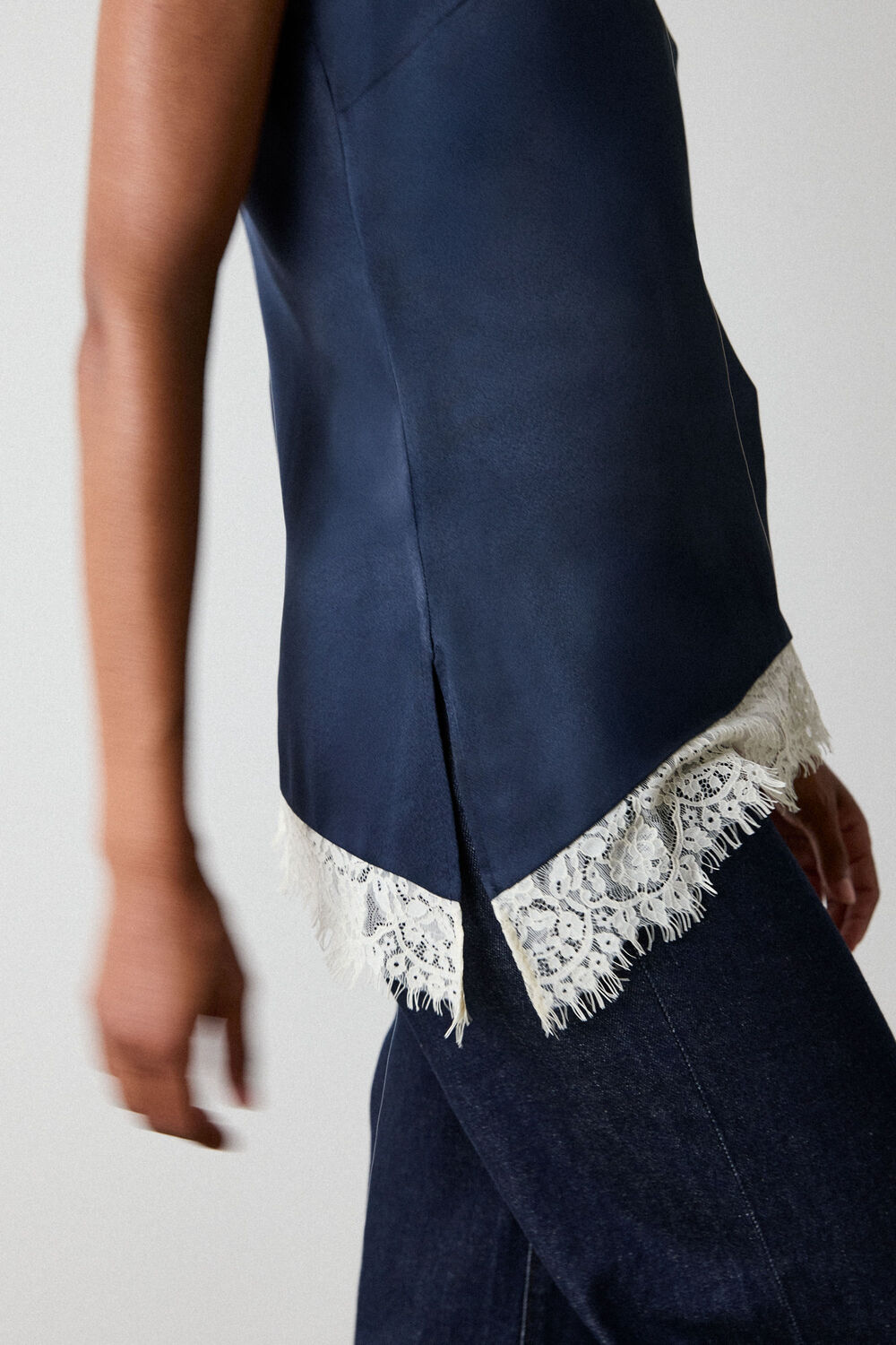 Navy Lace Trim Satin Cami Top