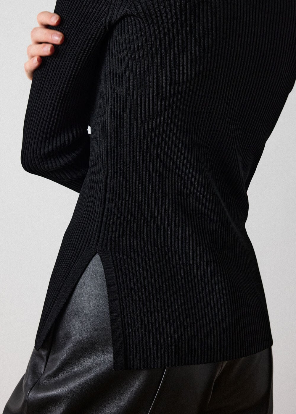 Black Rib Knit Slash Neck Top