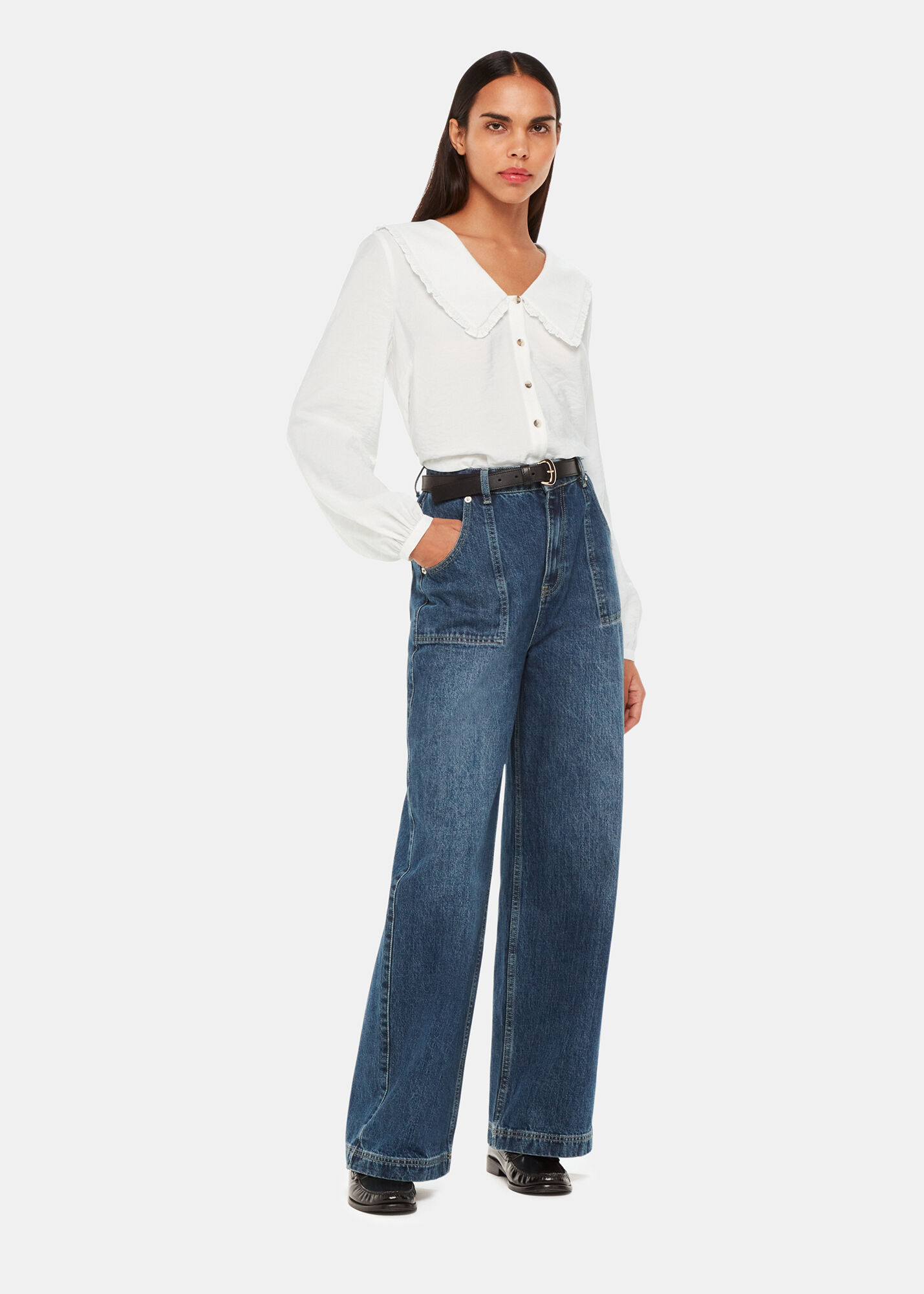 White Stud Elongated Collar Top