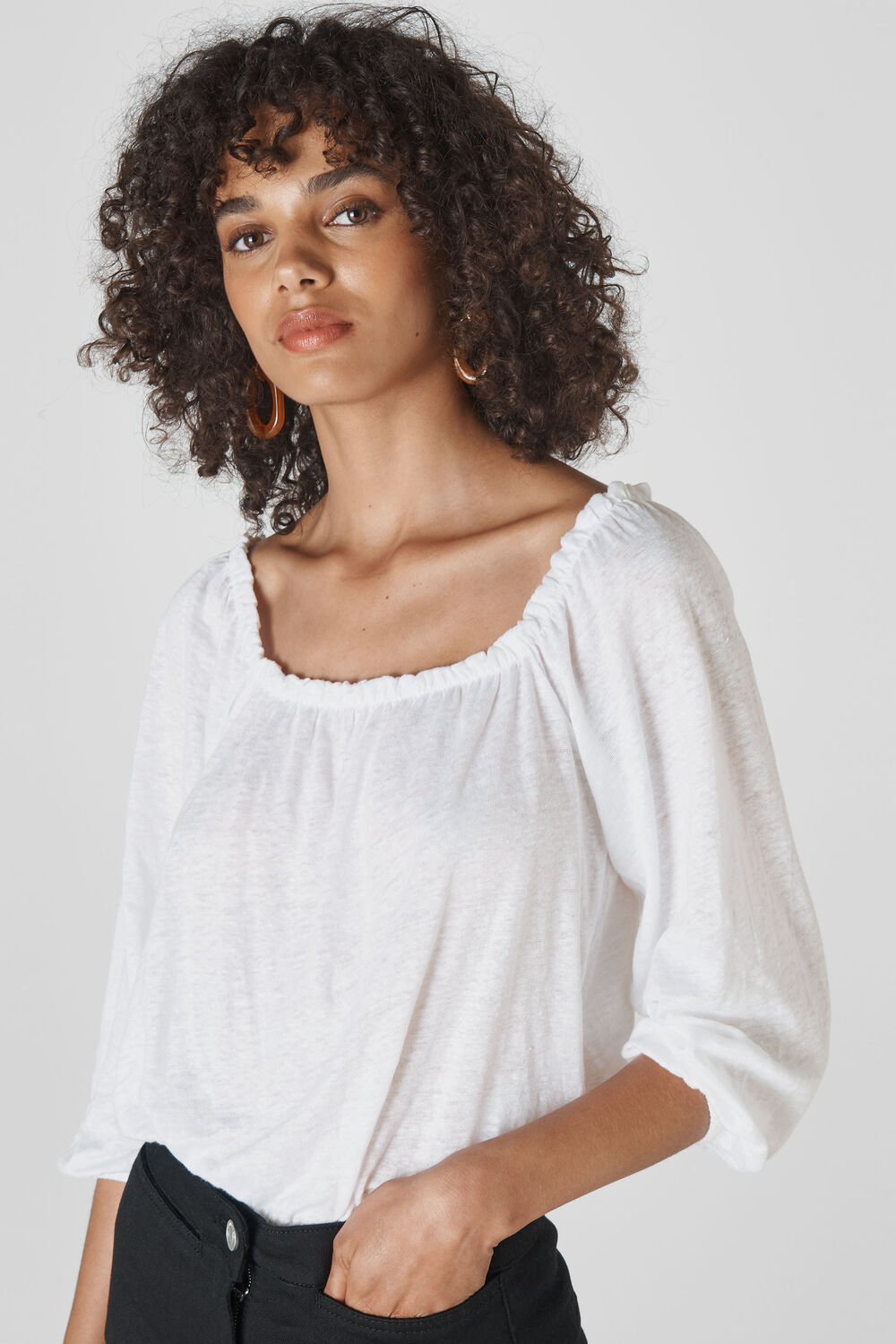 Linen Square Neck Top White