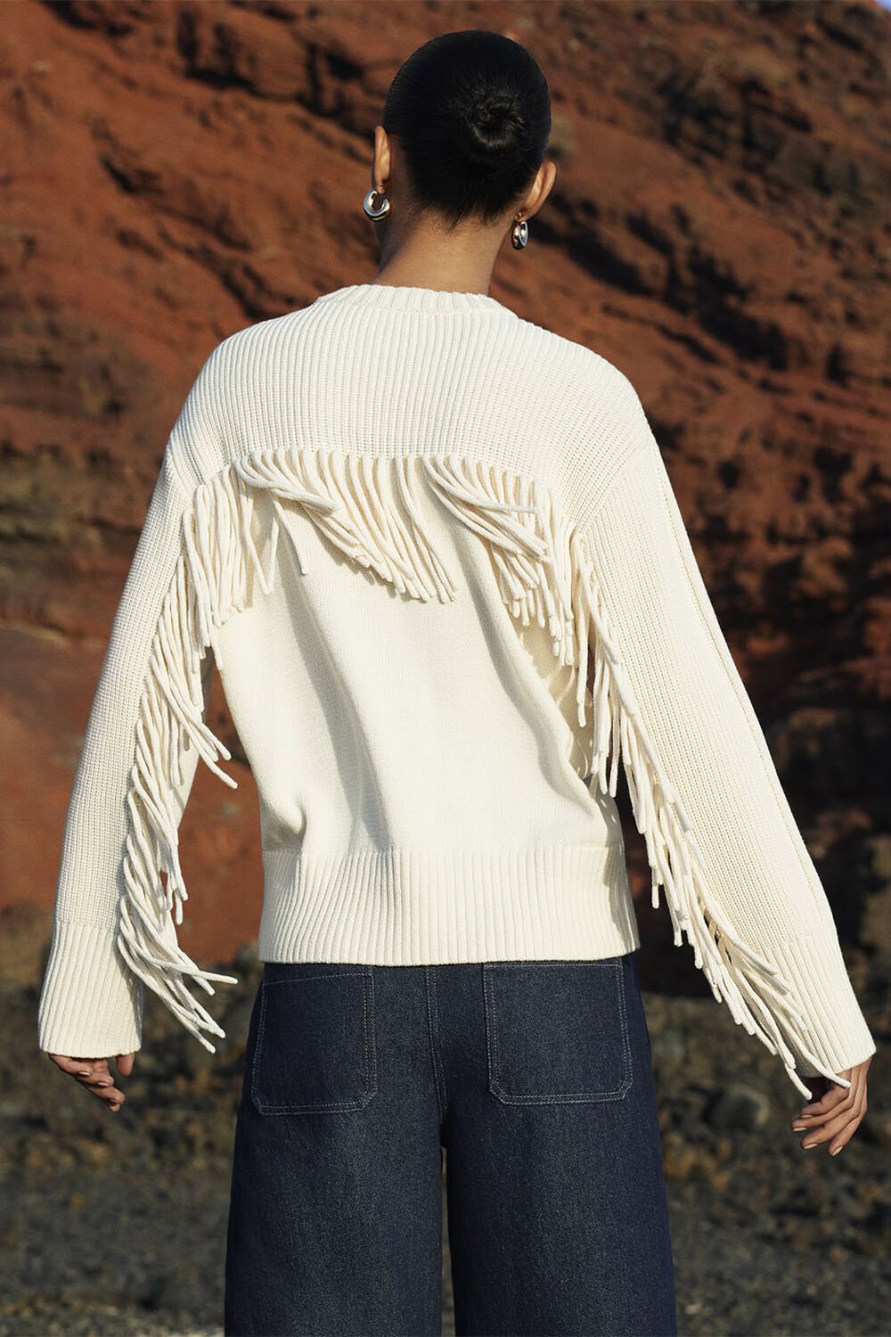 Ivory Fringed Rib Detail Sweater