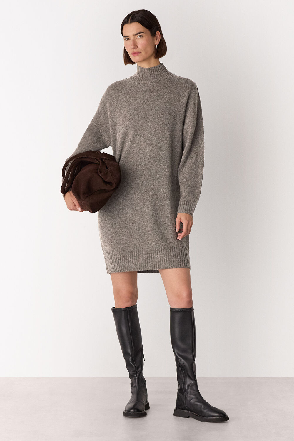 Taupe Funnel Neck Wool Mini Dress