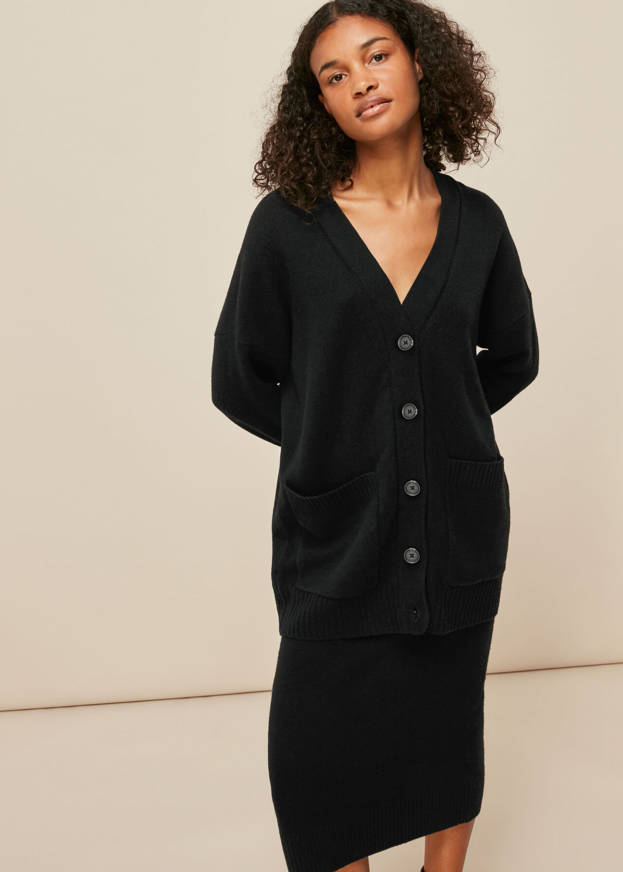 Black Long Line Pocket Wool Cardigan Whistles Whistles