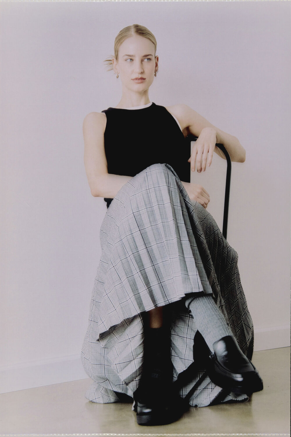 Grey Check Pleated Midi Skirt