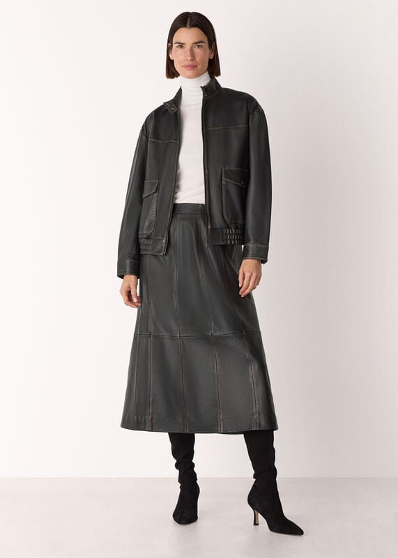 Black Burnished Leather Bomber