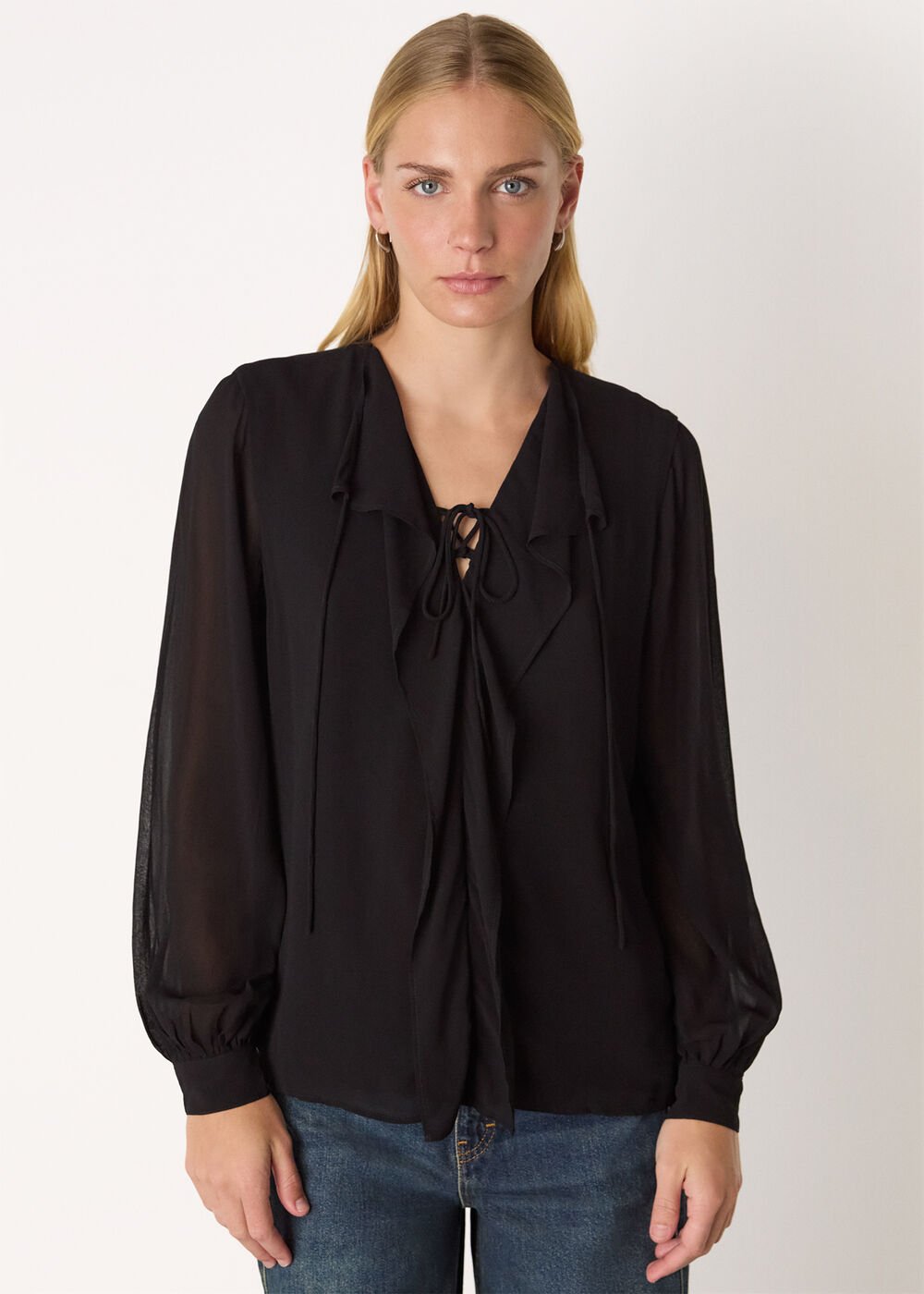 Sheer V Neck Frill Blouse