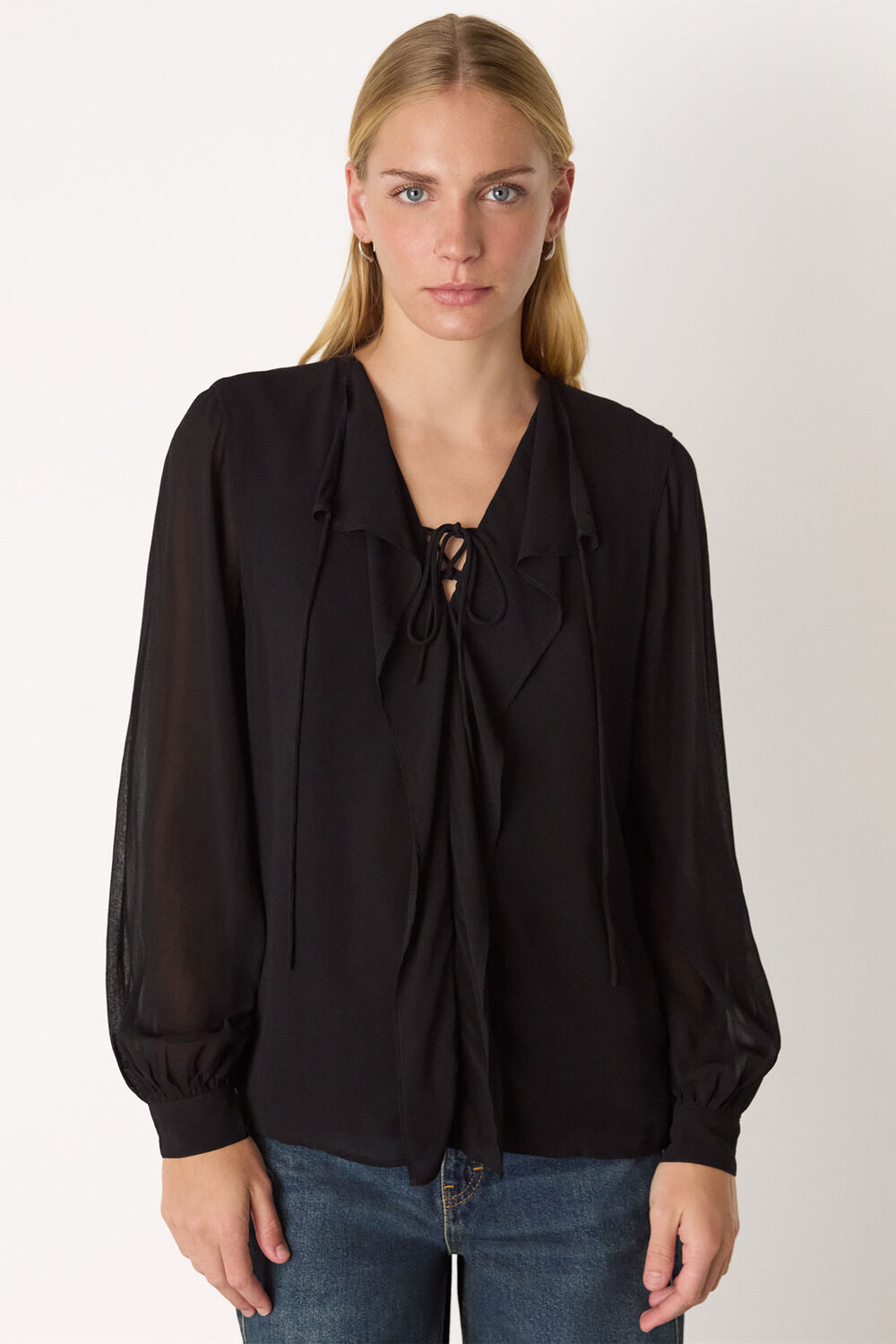 Black Sheer V Neck Frill Blouse