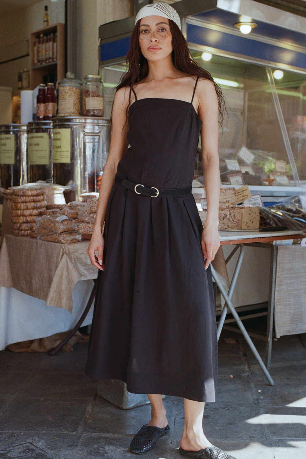 Linen Blend Waisted Midi Dress