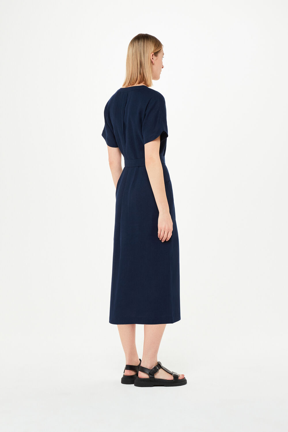 Navy Linen Belted Midi Dress