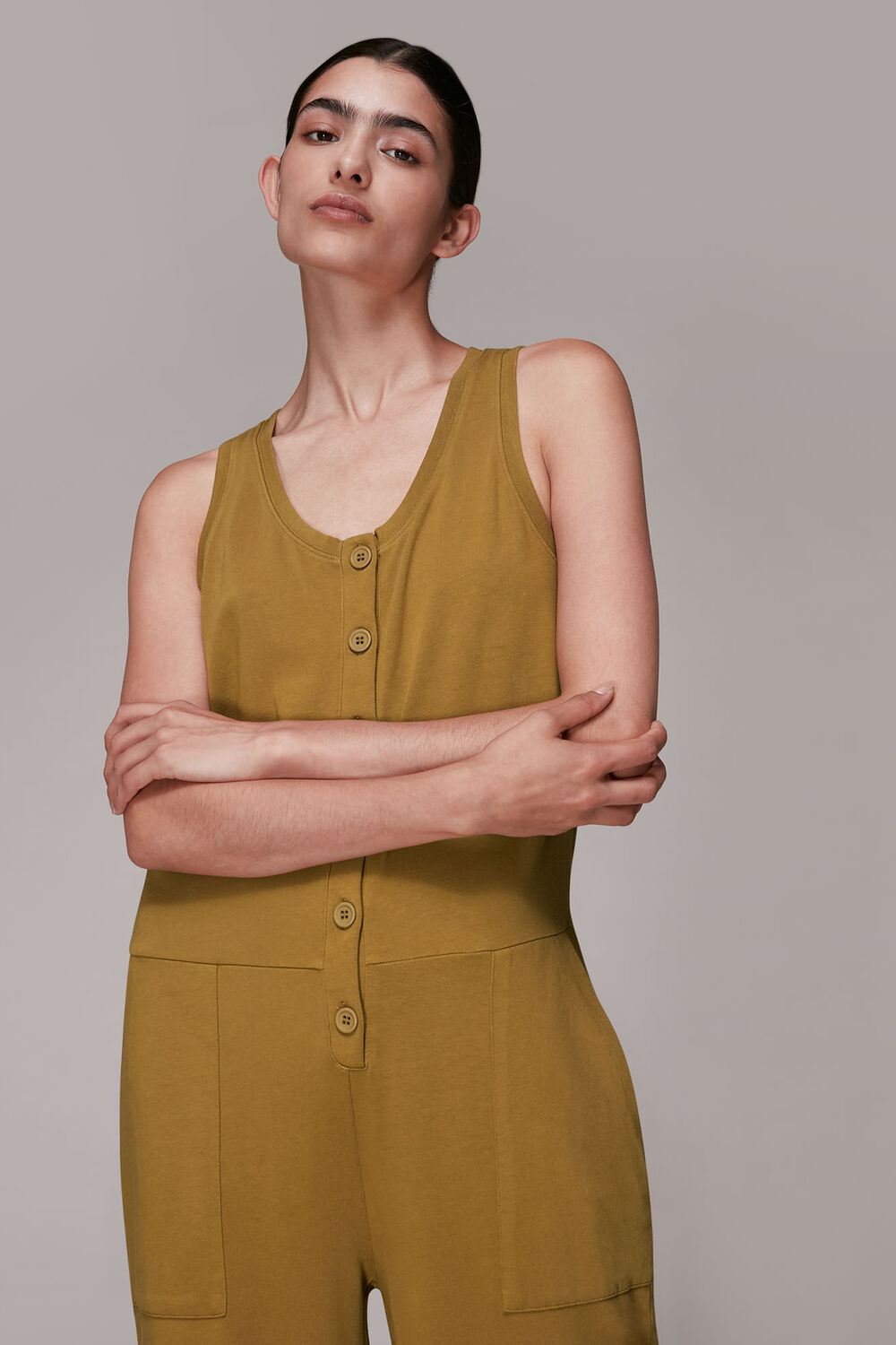 Khaki Jersey Button Front Jumpsuit