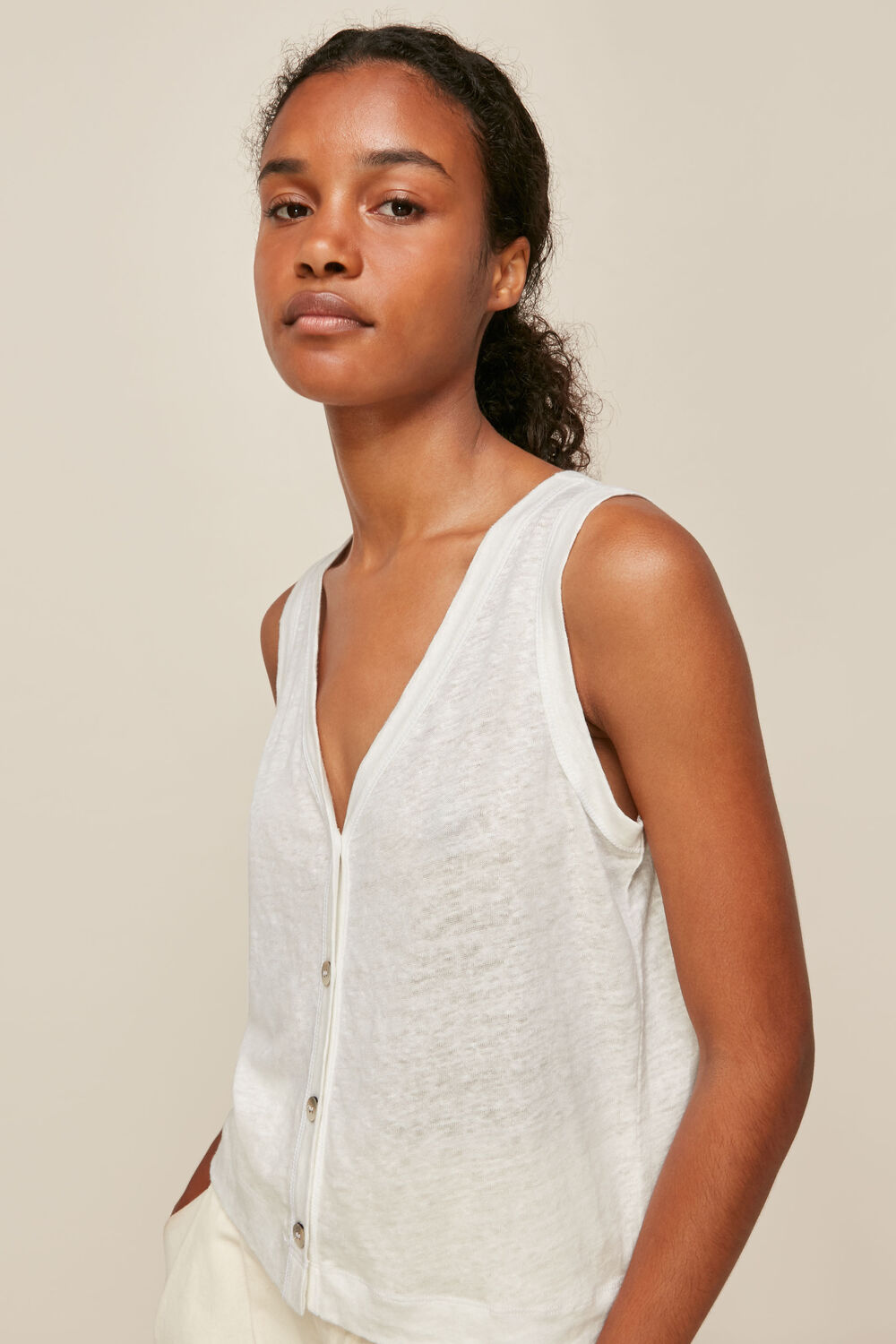 Linen Button Front Vest Top