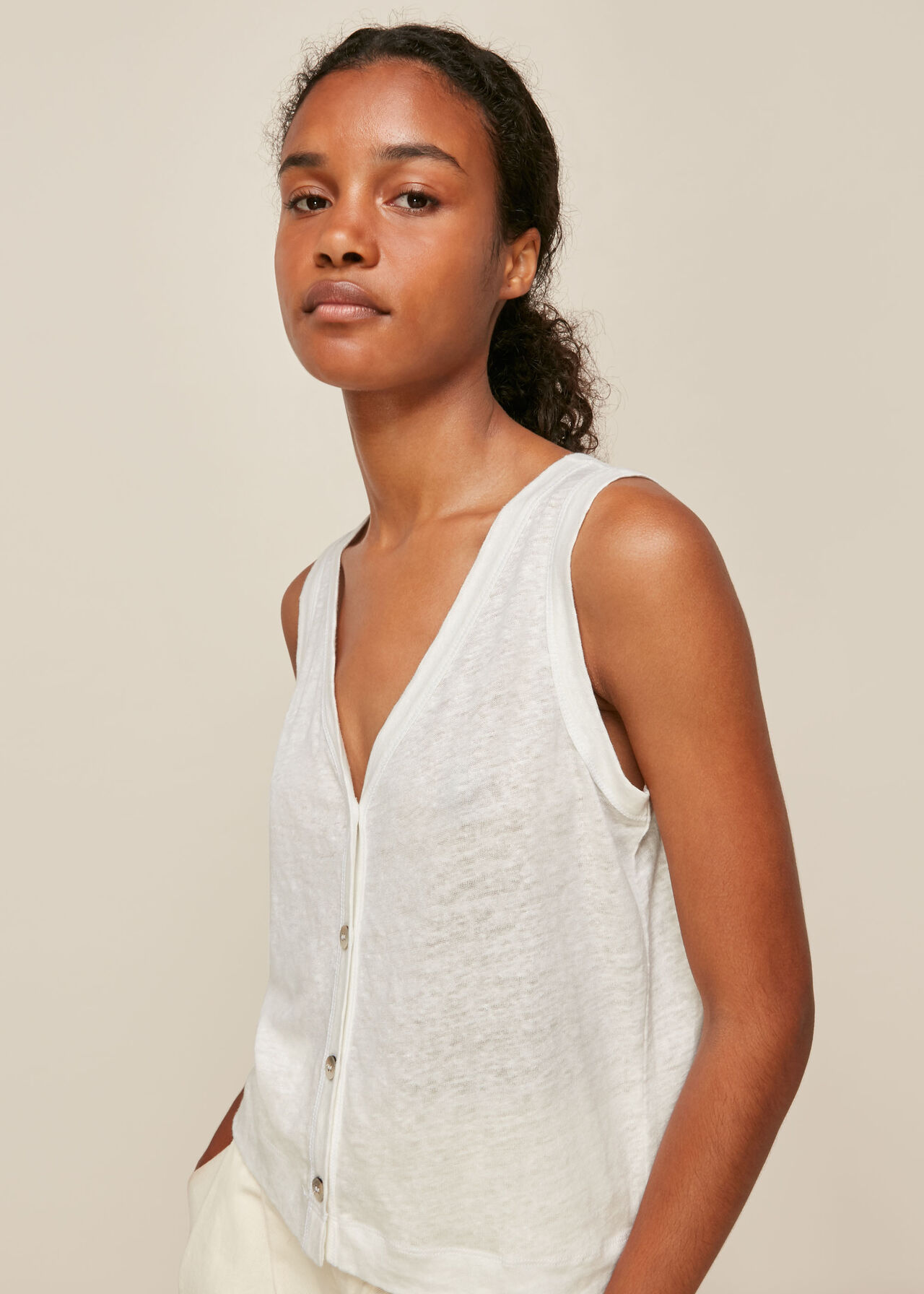 White Linen Button Front Vest Top | WHISTLES | Whistles ROW