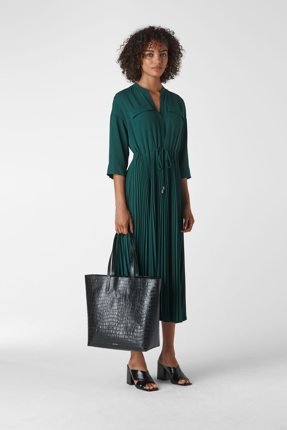 Wendy Pleat Shirt Dress Dark Green