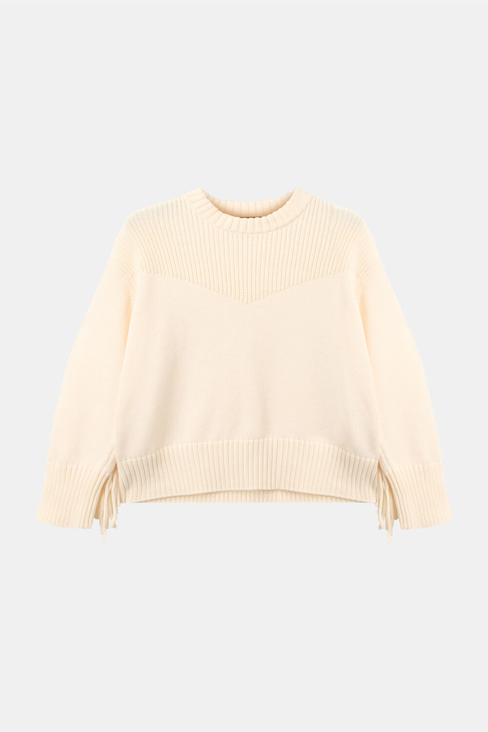 Ivory Fringe Rib Detail Cotton Knit