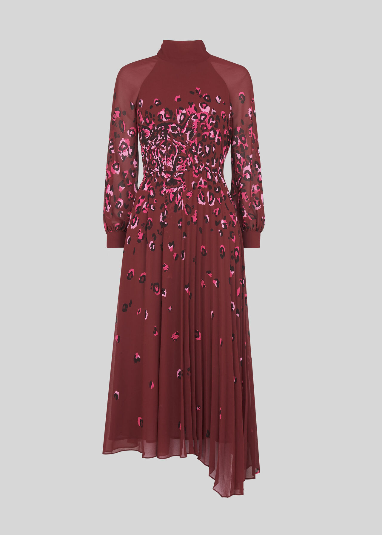 Leo Print Pleated Dress Burgundy