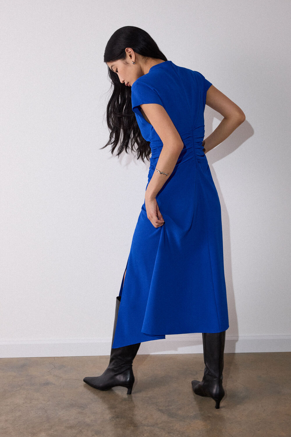 Blue Crepe Ruched Midi Dress
