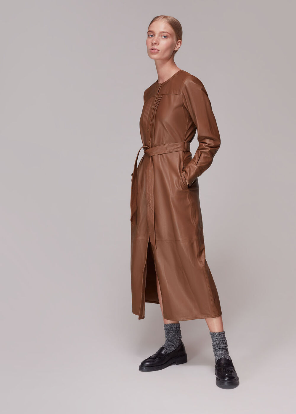 Pintuck Leather Midi Dress