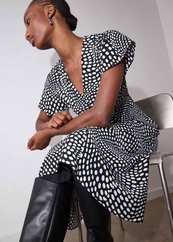 Black Petite Mixed Spot V Neck Midi Dress