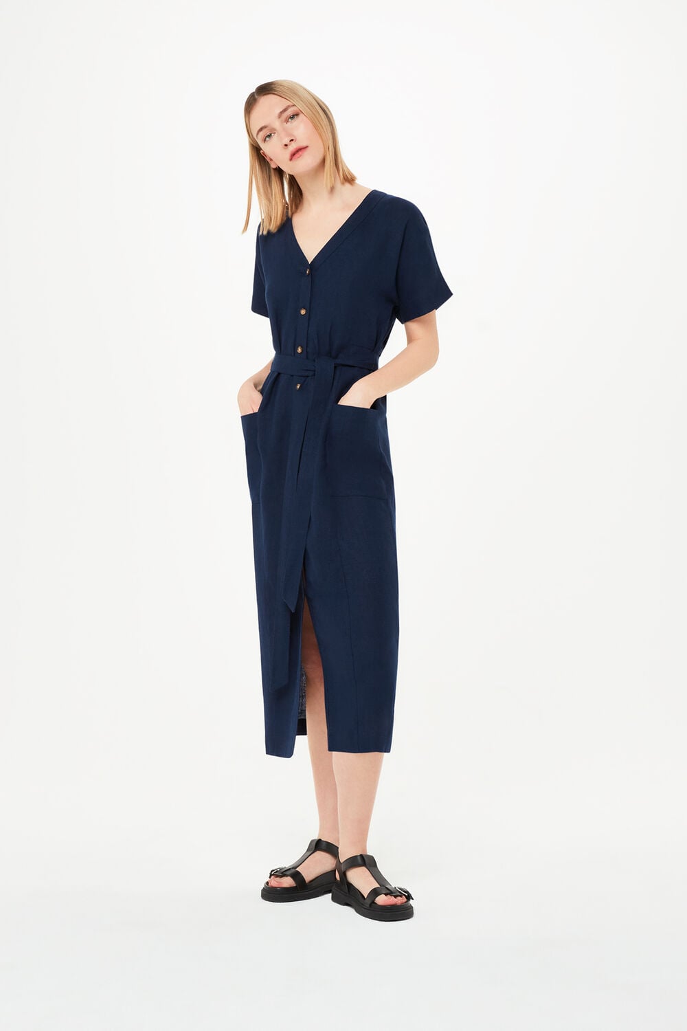 Navy Linen Belted Midi Dress