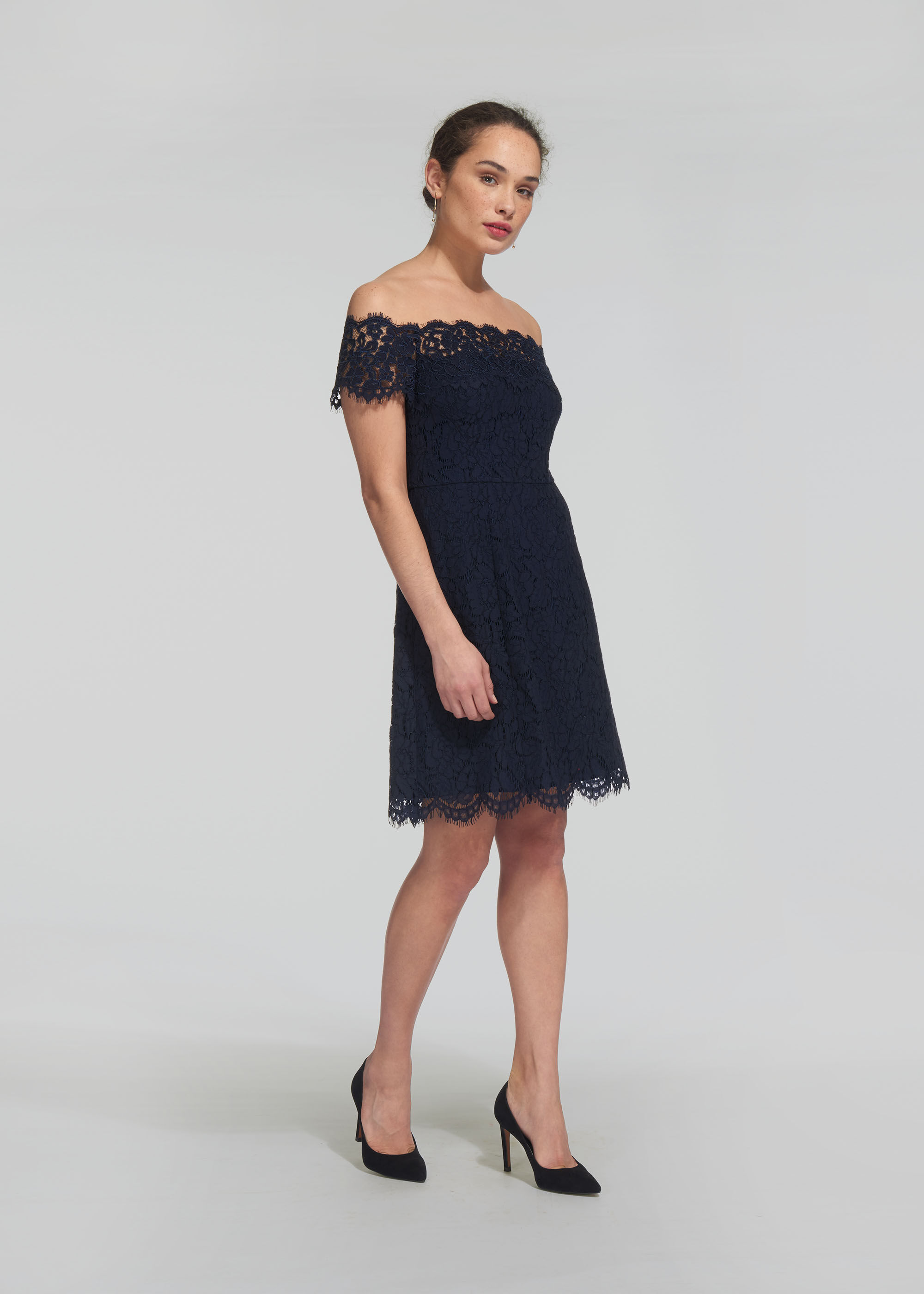 Navy blue lace off the shoulder dress 2025