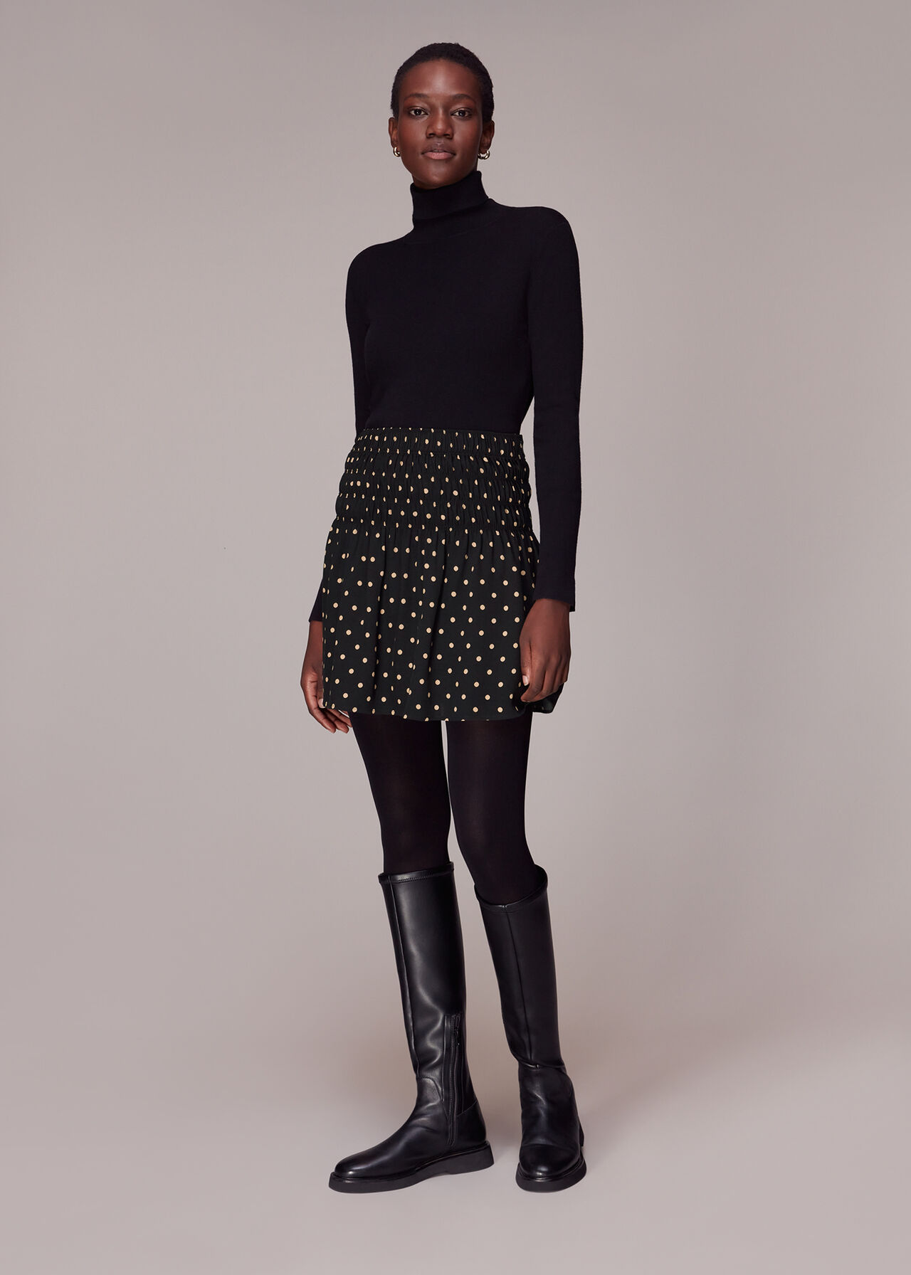 Black/Multi Spot Shirred Mini Skirt | WHISTLES